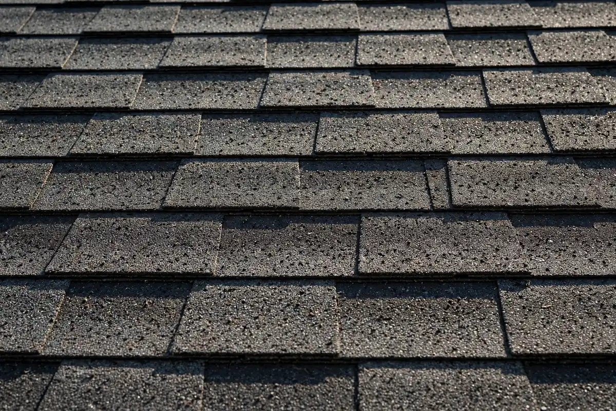 Close-up of layered asphalt shingles showing granular texture.