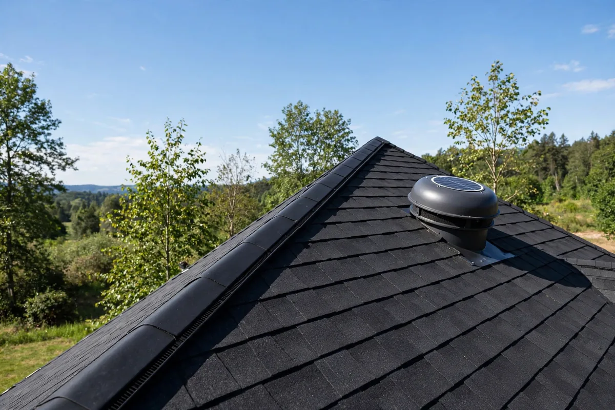 Solar attic fan and ridge vent on a new dark shingle roof.