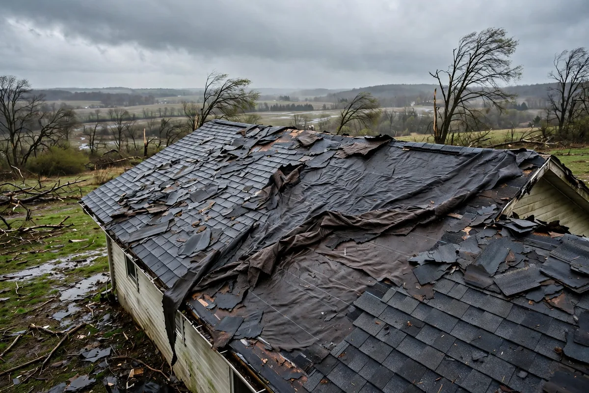 Storm-damaged roof with torn shingles and exposed underlayment.