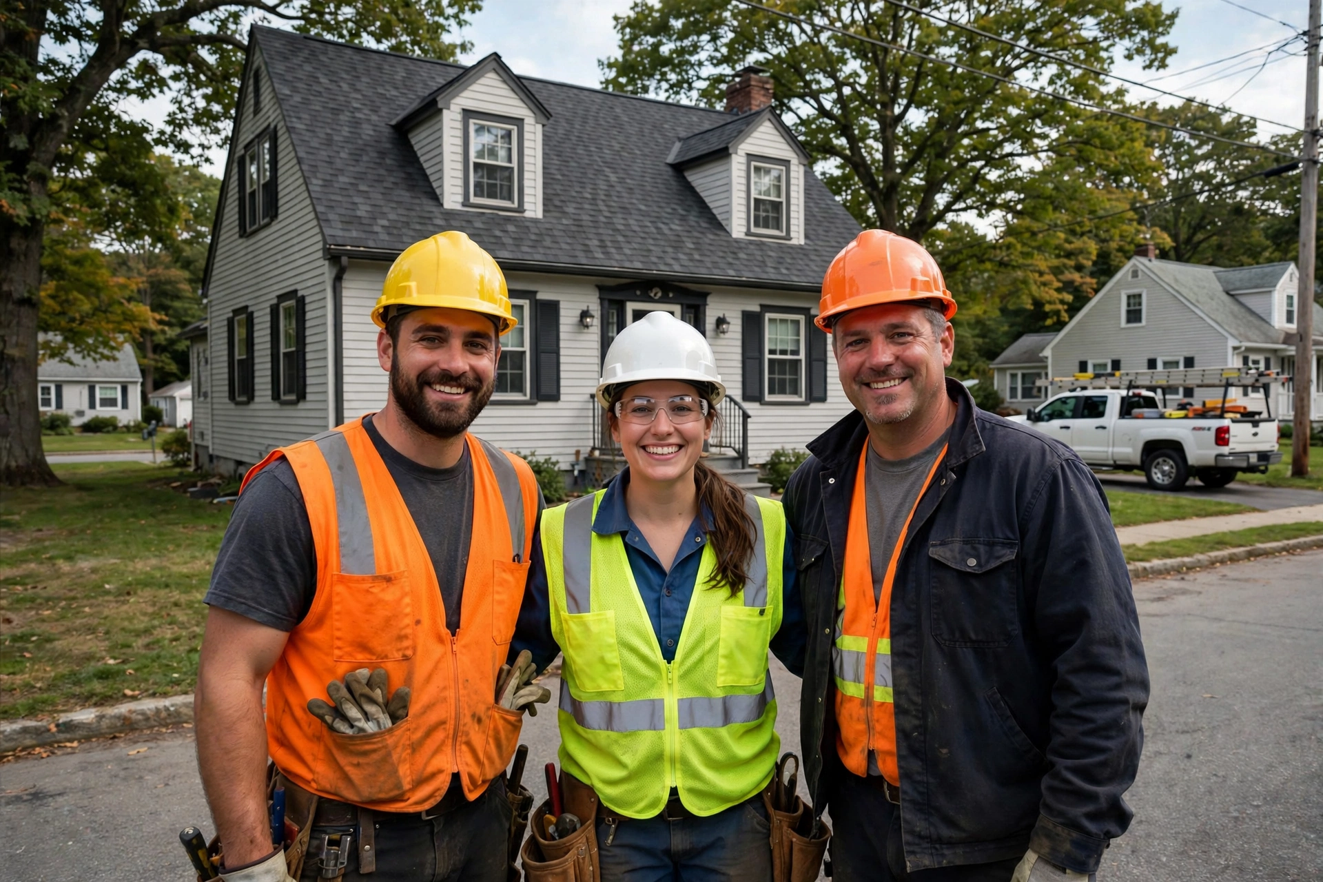 Roofing crew of three in hard hats smiling in front of a Levittown Cape Cod home with a brand-new shingle roof