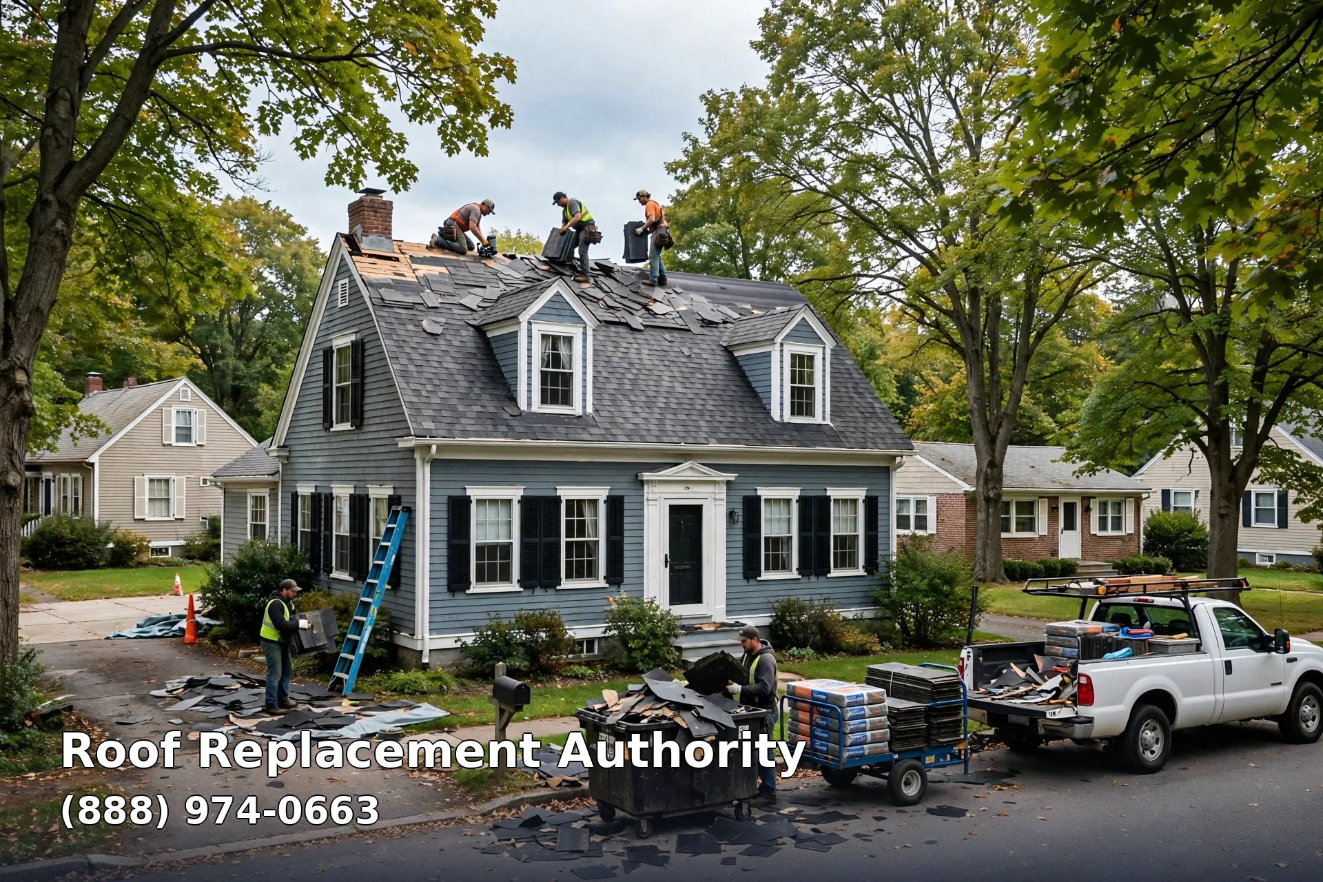 Roofing crew installing architectural asphalt shingles on a classic Cape Cod home in Levittown, Pennsylvania