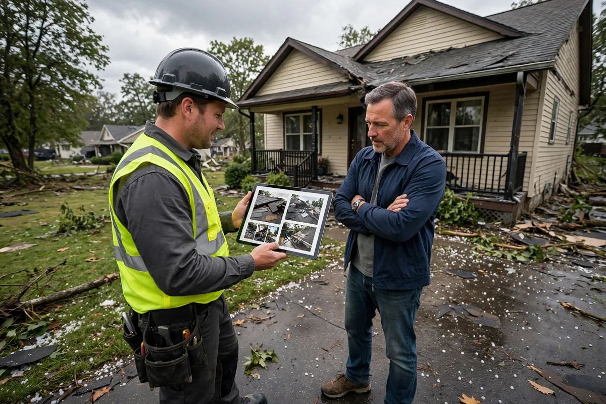 Contractor reviewing roof damage photos with a homeowner before replacement.