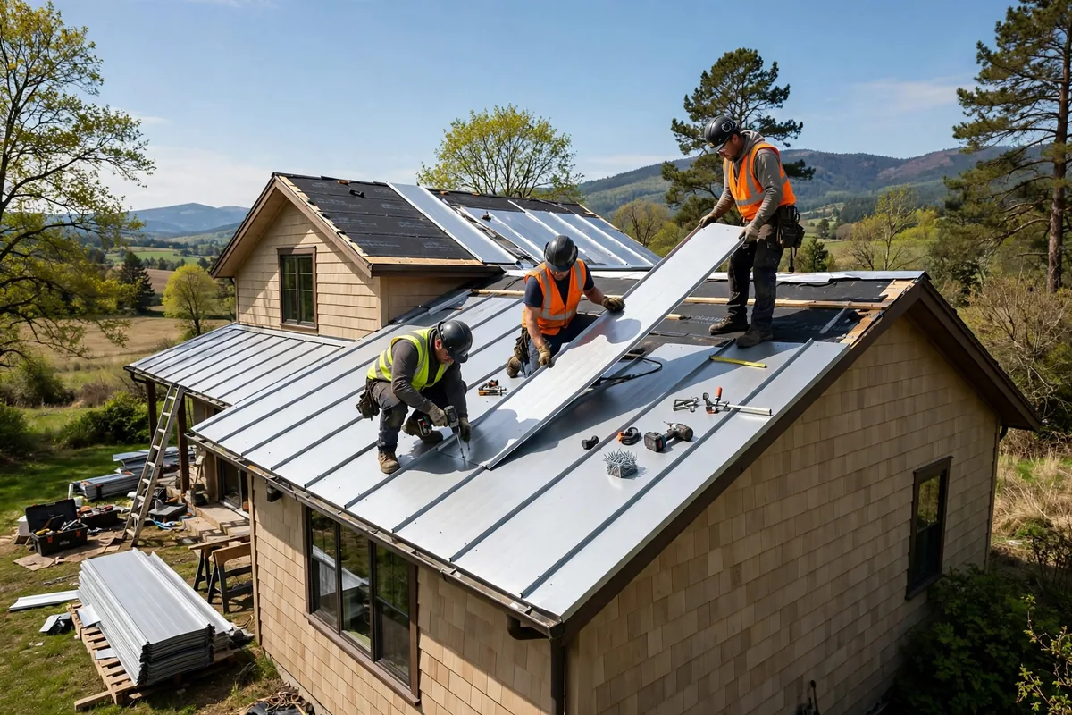 Crew fastening long standing seam metal panels on a house.