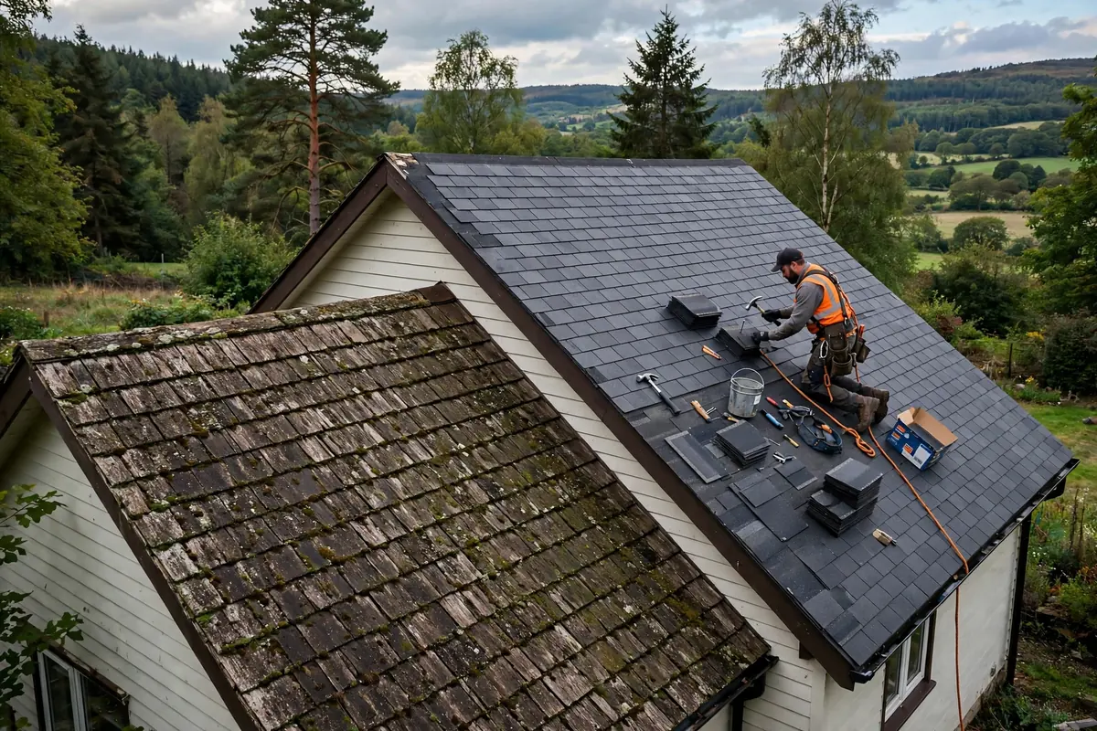 Roofer replacing shingles on one slope of a roof while the other remains intact.