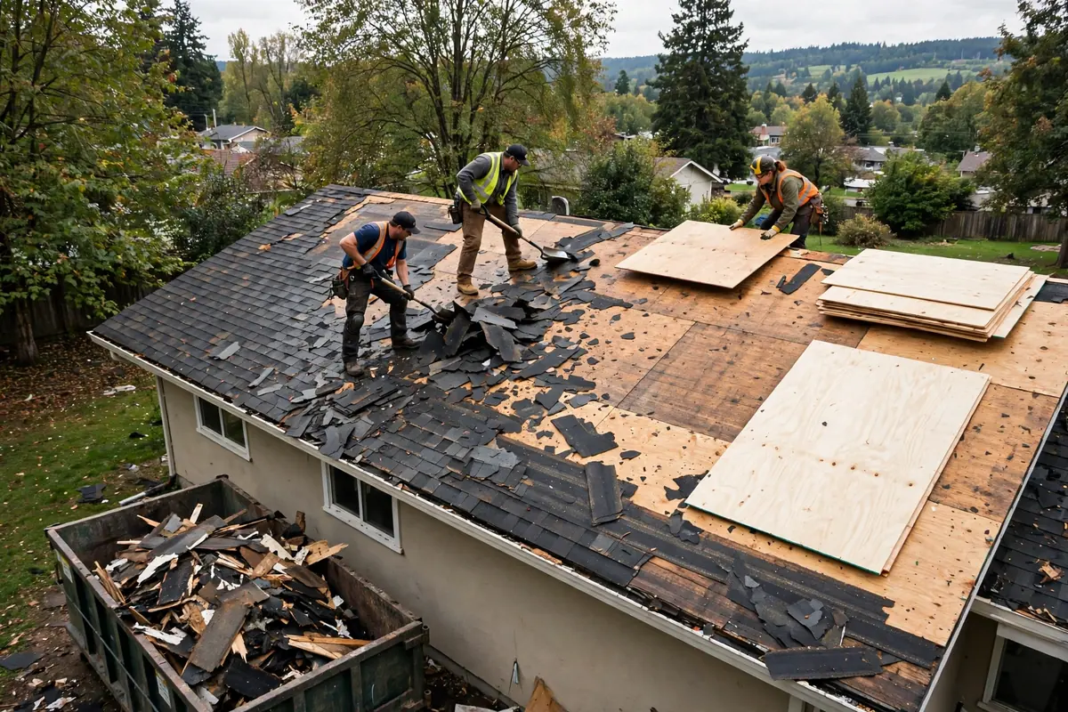 Workers tearing off old shingles and laying new plywood roof decking.