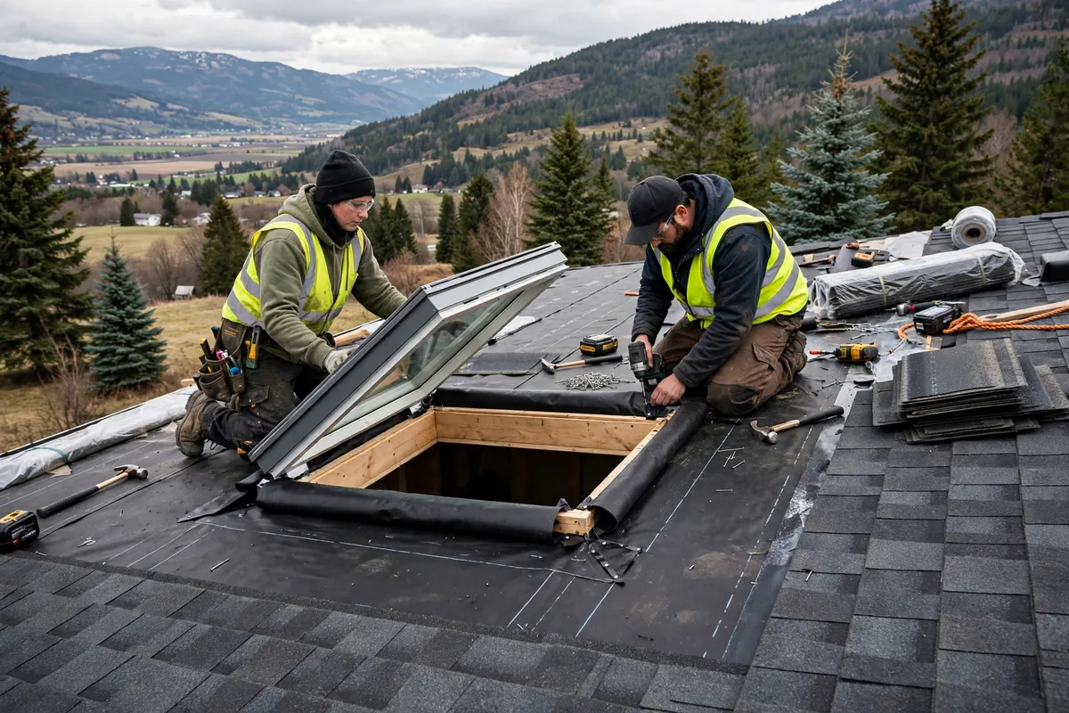 Workers setting a new skylight into a roof opening during a reroof.