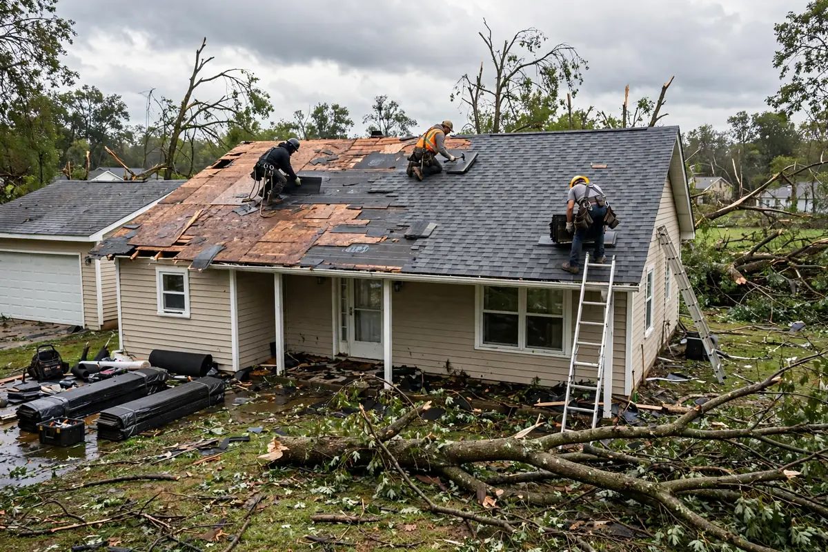 Crew replacing the entire roof of a storm-damaged home.